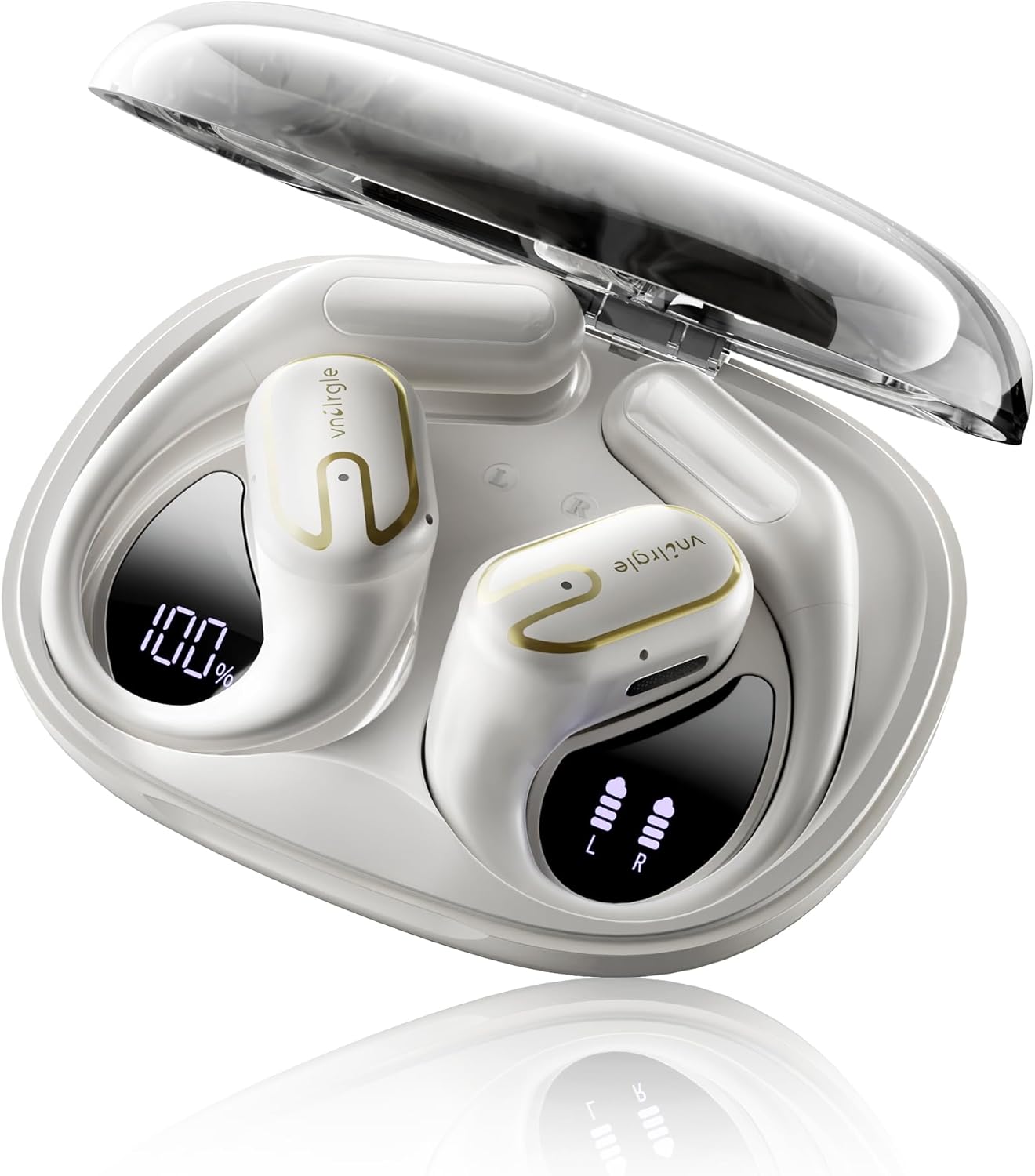 Open Ear Headphones 5.4 Bluetooth Sport Ear Buds with LED Digital Display IPX7 Waterproof, Wireless Earbuds Touch Control Air Conduction Stereo Sound with 18.2mm Drivers (Off White)