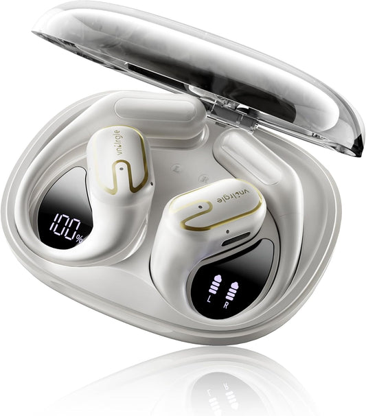 Open Ear Headphones 5.4 Bluetooth Sport Ear Buds with LED Digital Display IPX7 Waterproof, Wireless Earbuds Touch Control Air Conduction Stereo Sound with 18.2mm Drivers (Off White)