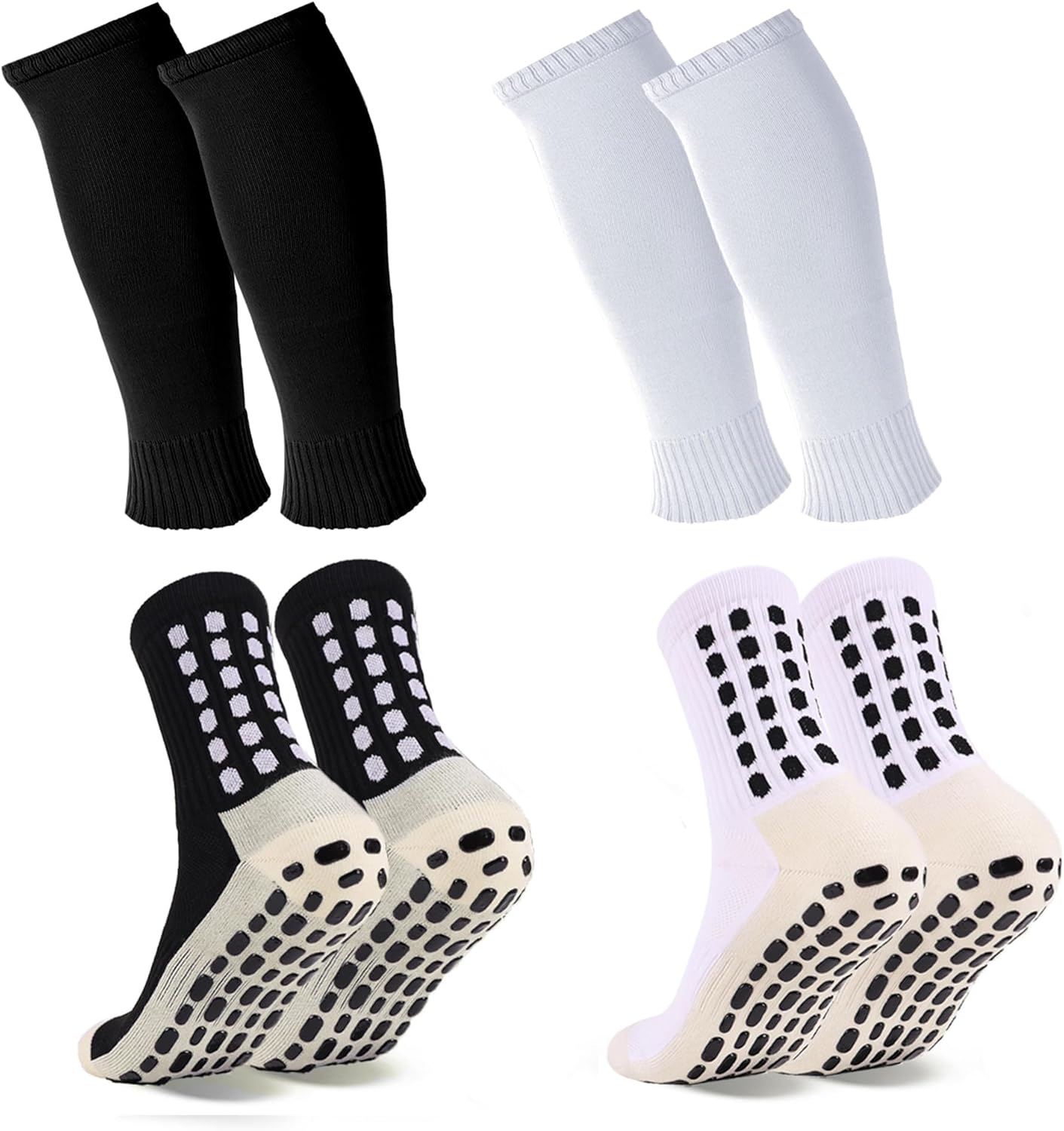 2 Set Grip Soccer Socks and Shin Guard Sleeves Non Slip Soccer Sleeve Socks for Men Women