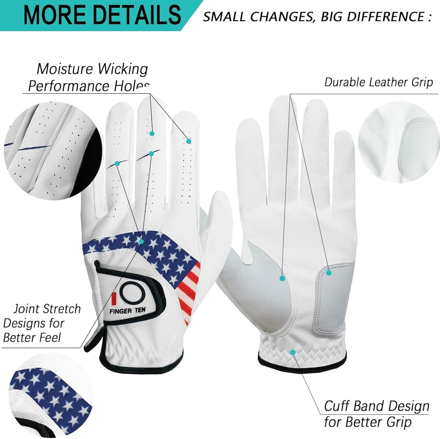 FINGER TEN Golf Gloves Men Left Hand Right Leather Value 5 Pack, Mens Golf Glove for Right Left Handed Golfer All Weather Grip Small Medium ML Large XL XXL 3XL