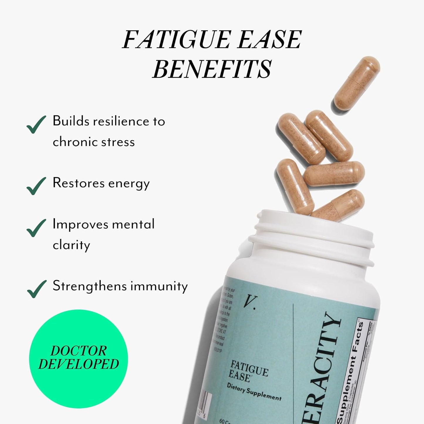 Veracity Fatigue Ease Adrenal Support Supplement for Stress Resilience, Healthy Cortisol & Energy - Adaptogenic Blend of Ashwagandha, Schisandra Berry, Licorice & Rhodiola – 100% Natural - 60 Capsules