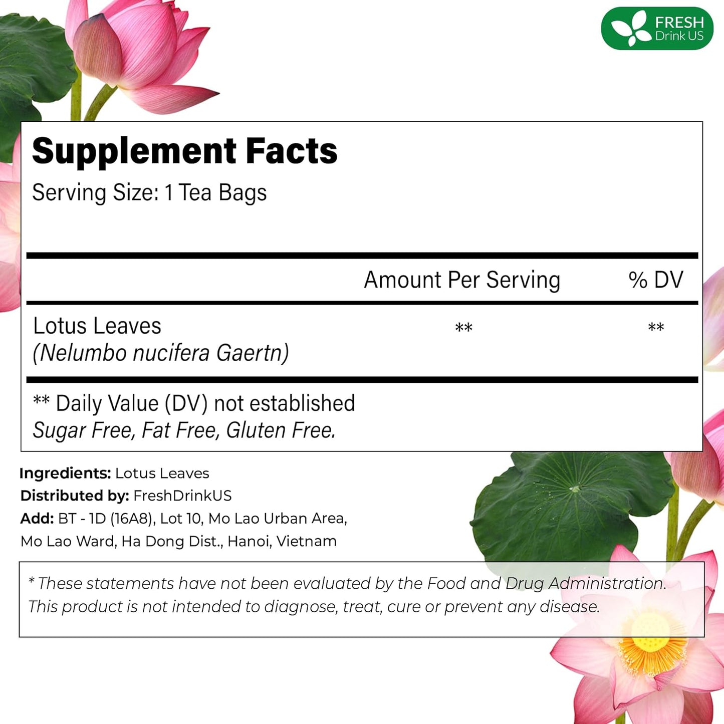 FreshDrinkUS, Premium 30 Lotus Leaf Tea Bags, 100% Natural & Pure from Lotus Leaves. Loose Leaf Lotus Herbal Tea. Made with Eco-Conscious Tea Bags. No Sugar, No Caffeine, No Gluten, Vegan.