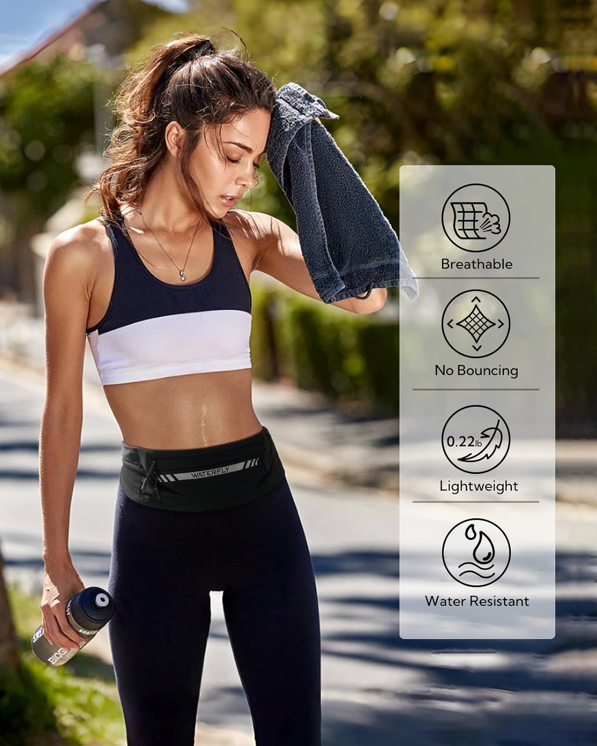 WATERFLY Running Belt Fanny Pack: Slim Breathable 4 Pocket Waist Bag for Men Women Sport Workout Exercise Fitness Phone Holder - Runner Marathon Jogging Waistband Fits ALL Phones Black