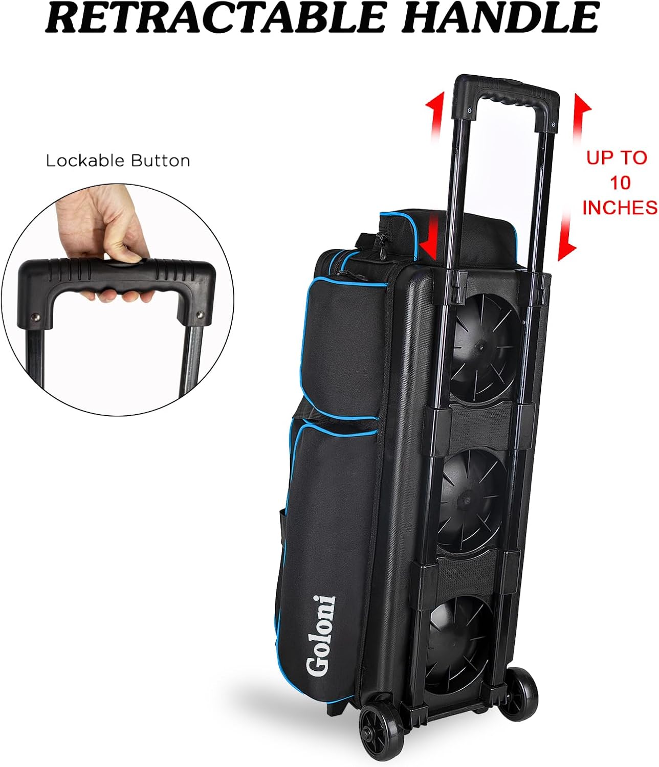 Goloni 3 Ball Bowling Bags with Wheels - Rolling Bowling Bag for 3 Balls & Accessories - Retractable Handle Extends to 38