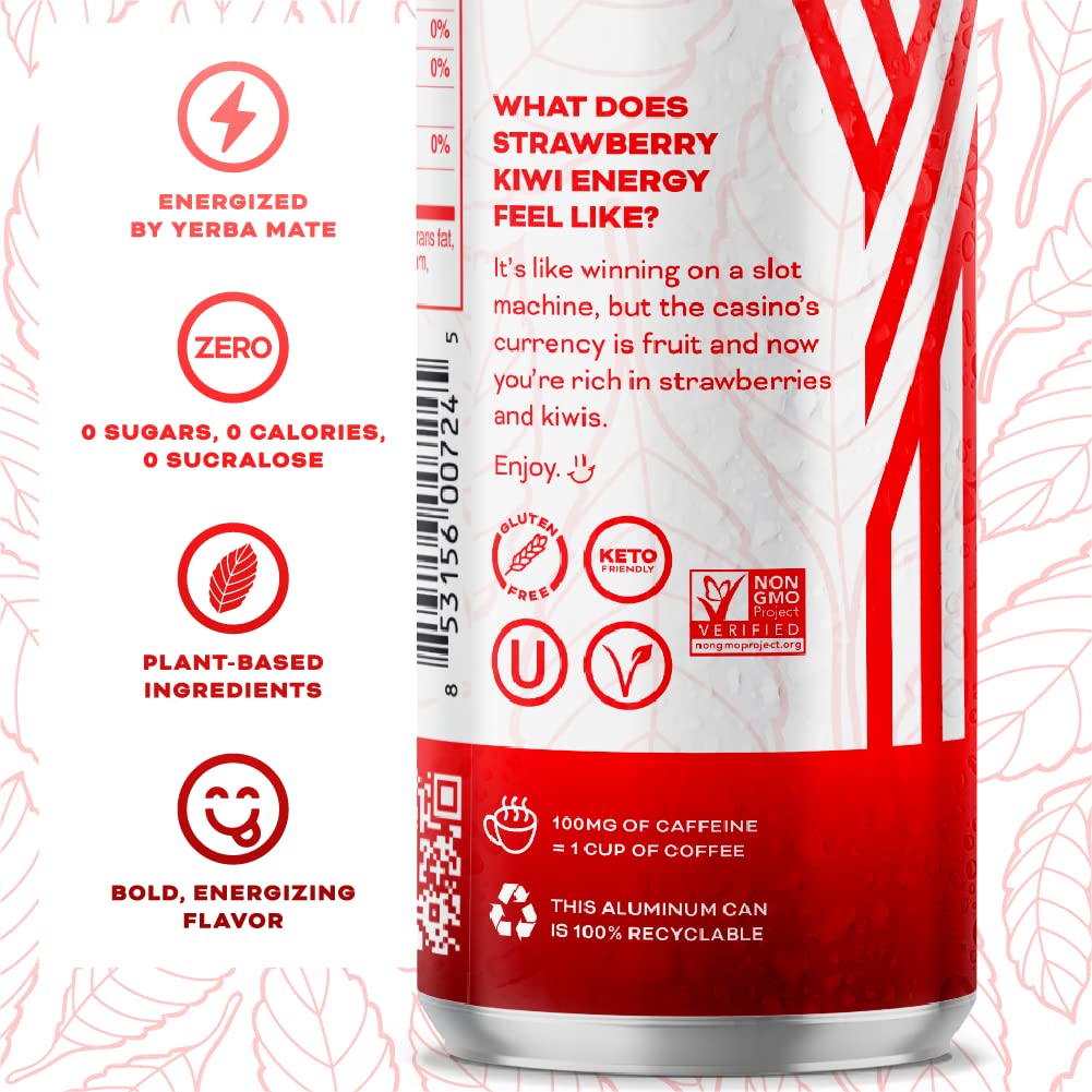 Yerbaé Energy Seltzer - Strawberry Kiwi, No Sugar/Calories/Carbs. Energized by Yerba Mate, Naturally Caffeinated Plant-Based, Healthy Alternative to Coffee/Sugary Sodas, Pack of 12, 12oz cans