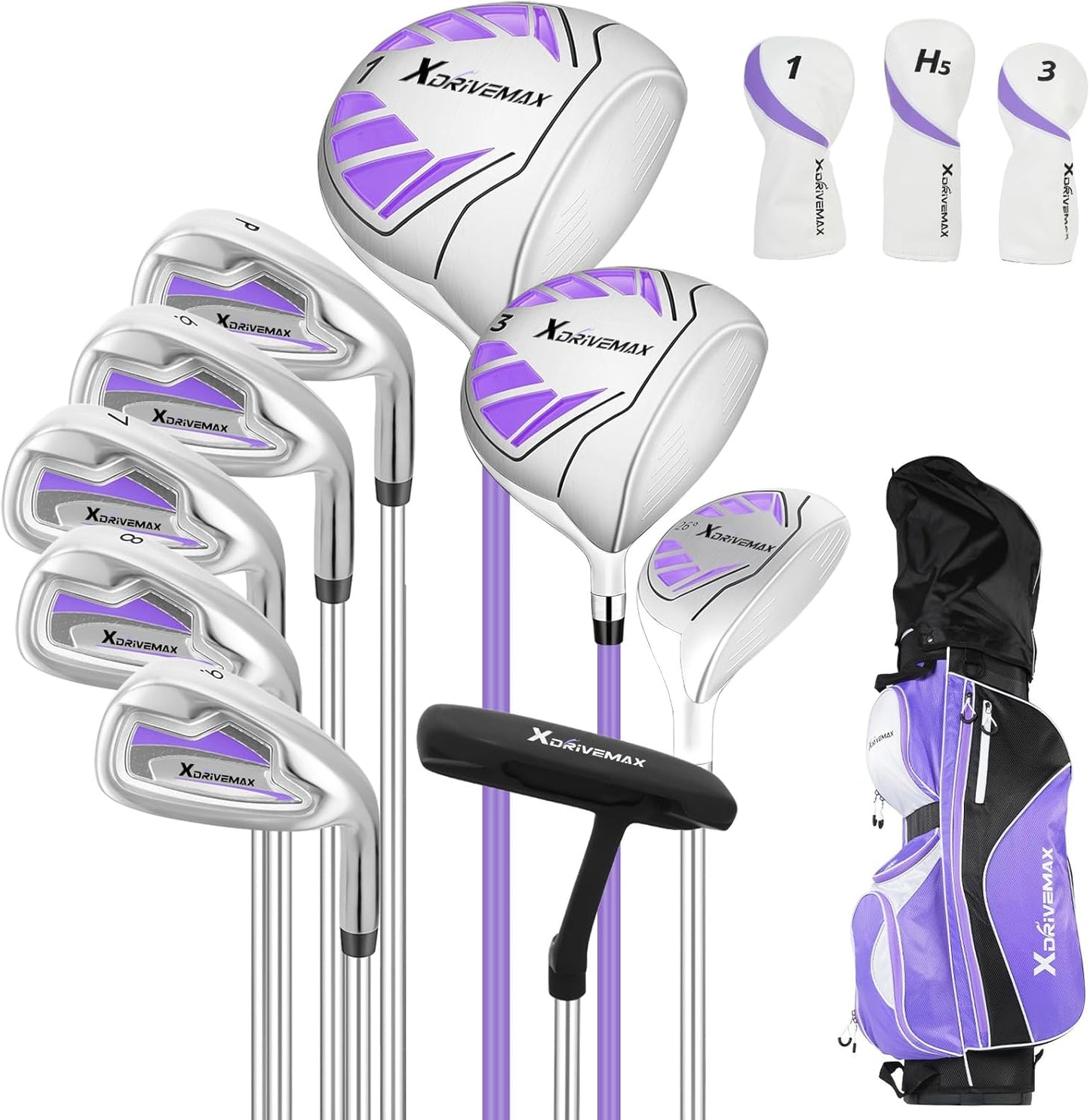 10 Pieces Complete Mens Womens Golf Clubs Set Right Hand for Men Women Includes Stand Bag with Rain Hood, 1#Driver 3#Wood #5 Hybrid,with 3 Head Covers, 6# 7# 8# 9# PW# Irons and Putter