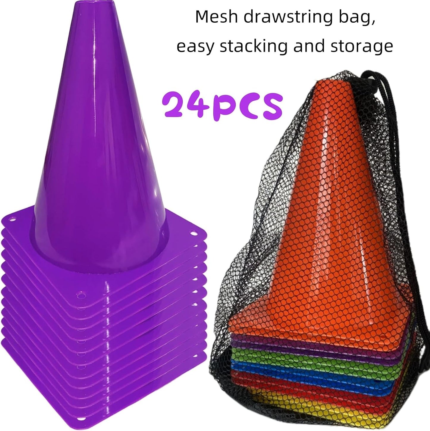 24 Pcs 7 Inch Plastic Traffic Cones, Basketball Football Drills, Skating, Sport Training Agility Markers, Indoor Outdoor Games, Multicolor