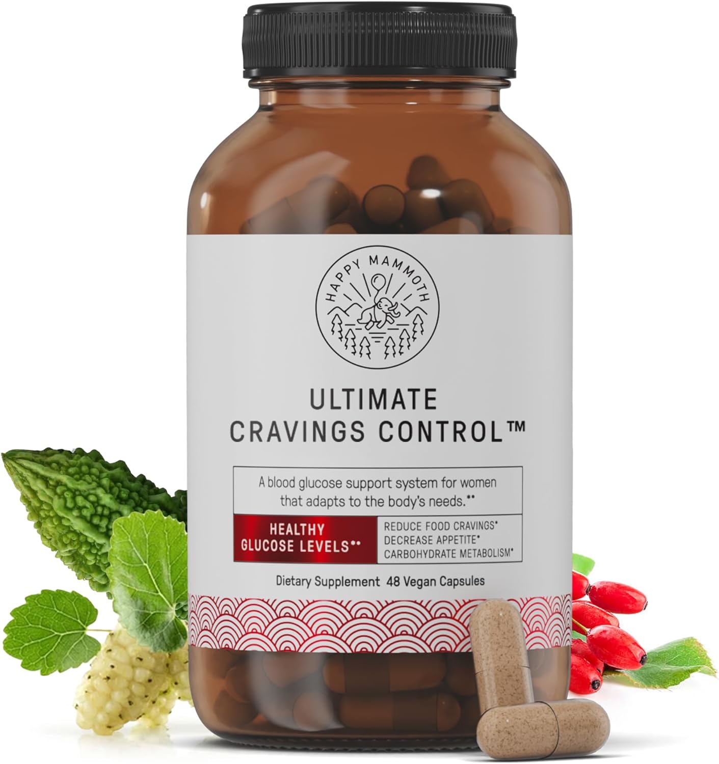 Happy Mammoth Ultimate Cravings Control – Sugar & Carb Cravings Support, Chromium, Natural Appetite Management & Metabolism Supplement for Adults, Non-GMO, No Gluten, Dairy, Soy or Sugar, 48 Capsules