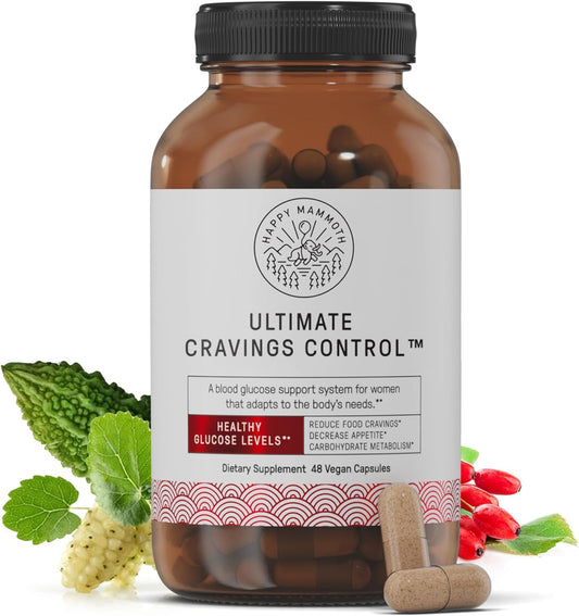 Happy Mammoth Ultimate Cravings Control – Sugar & Carb Cravings Support, Chromium, Natural Appetite Management & Metabolism Supplement for Adults, Non-GMO, No Gluten, Dairy, Soy or Sugar, 48 Capsules