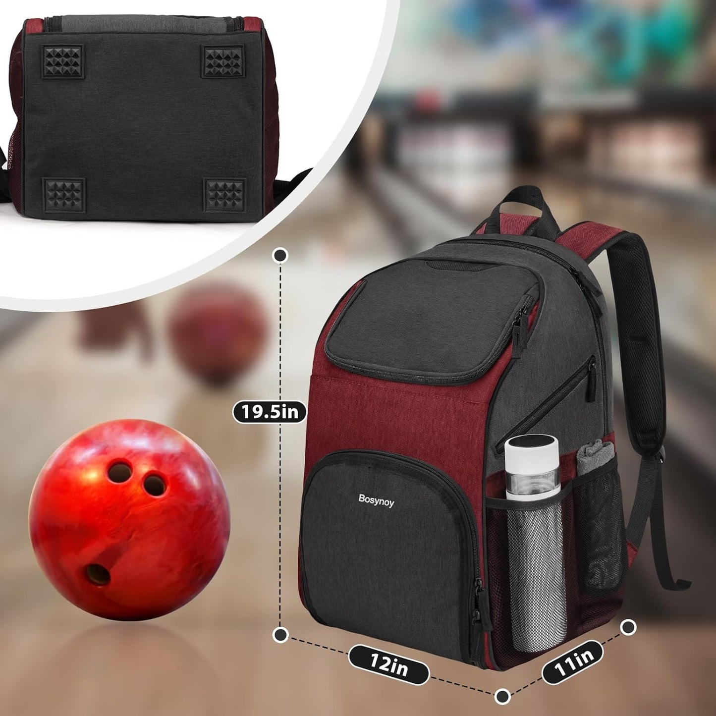 Bosynoy Bowling Backpack, Bowling Ball Bag Totes for Single Ball with Shoe Compartment & Foam Padded, Fits Shoes Up to US Mens Size 16, Grey