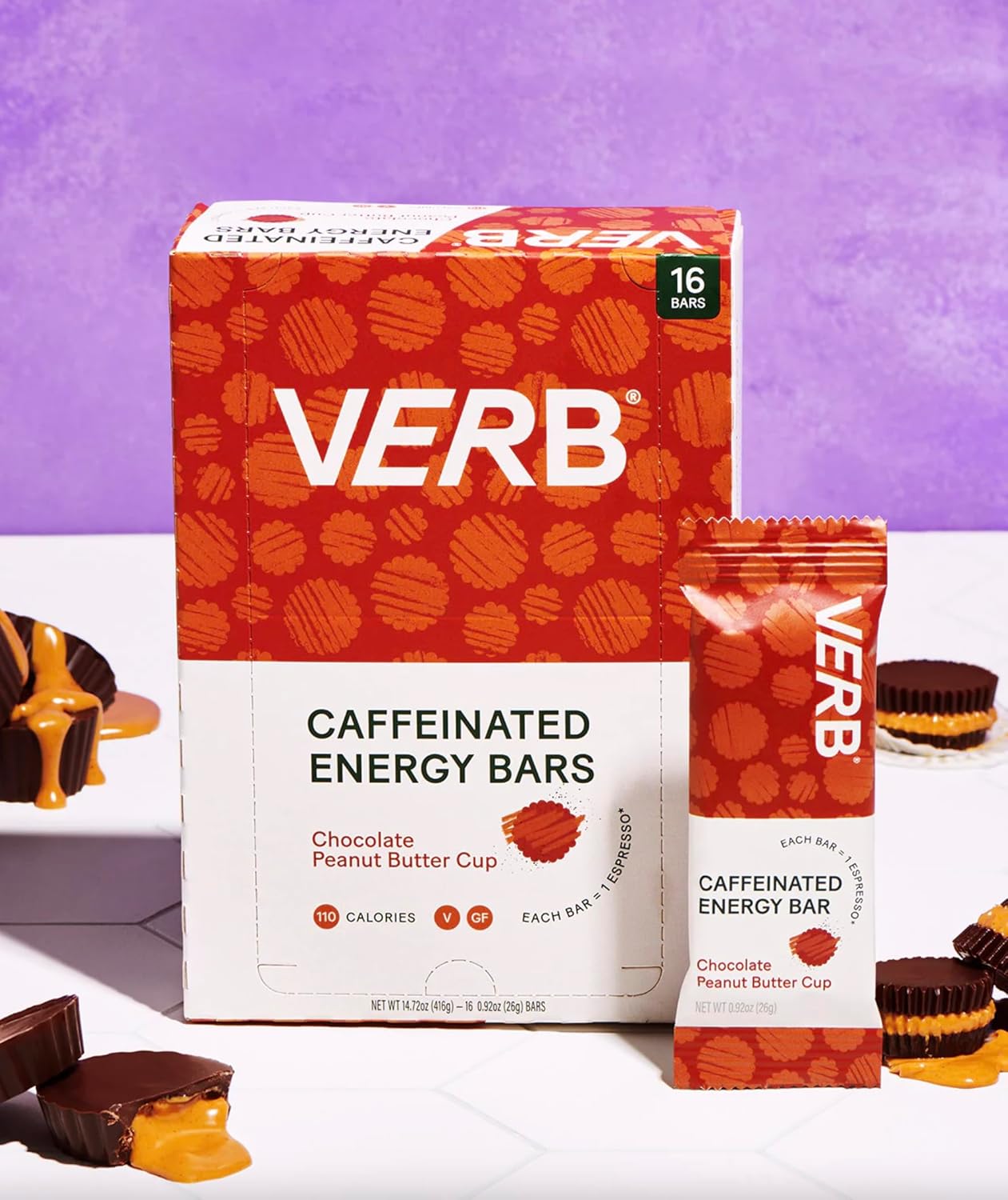 Verb Caffeinated Energy Bars Chocolate Peanut Butter Cup (26g, Pack of 16) 110-Calorie Delicious Energy Bar, Gluten Free On-the Go Snack with 80mg Green Tea Caffeine, Only Real-Food Ingredients