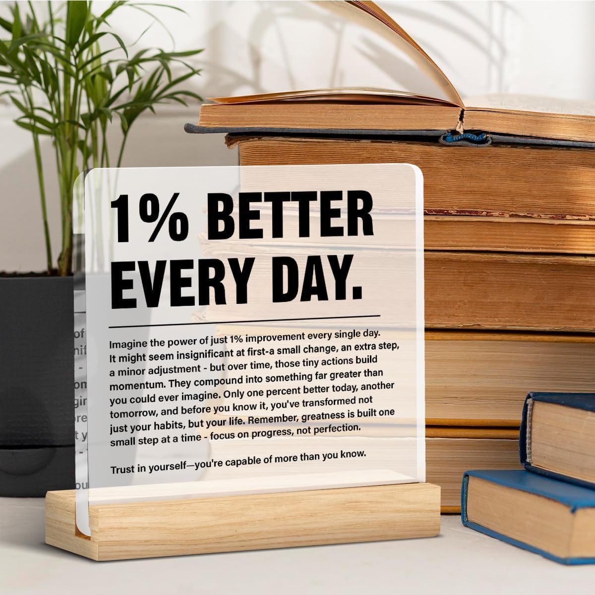 Inspirational Home Office Decor 1% Better Every Day Acrylic Plaque Sign for Office Gym Classroom, Growth Mindset Self Improvement Gifts for Coworker Employee Friend