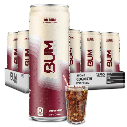 BUM Sugar-Free Energy Drink, Dr BUM - Lightly Carbonated & No Artificial Colors, Natural Caffeine & Citicoline for Energy & Focus, Brain Boost & Workout Sports Beverage - 12 oz, 12-Pack