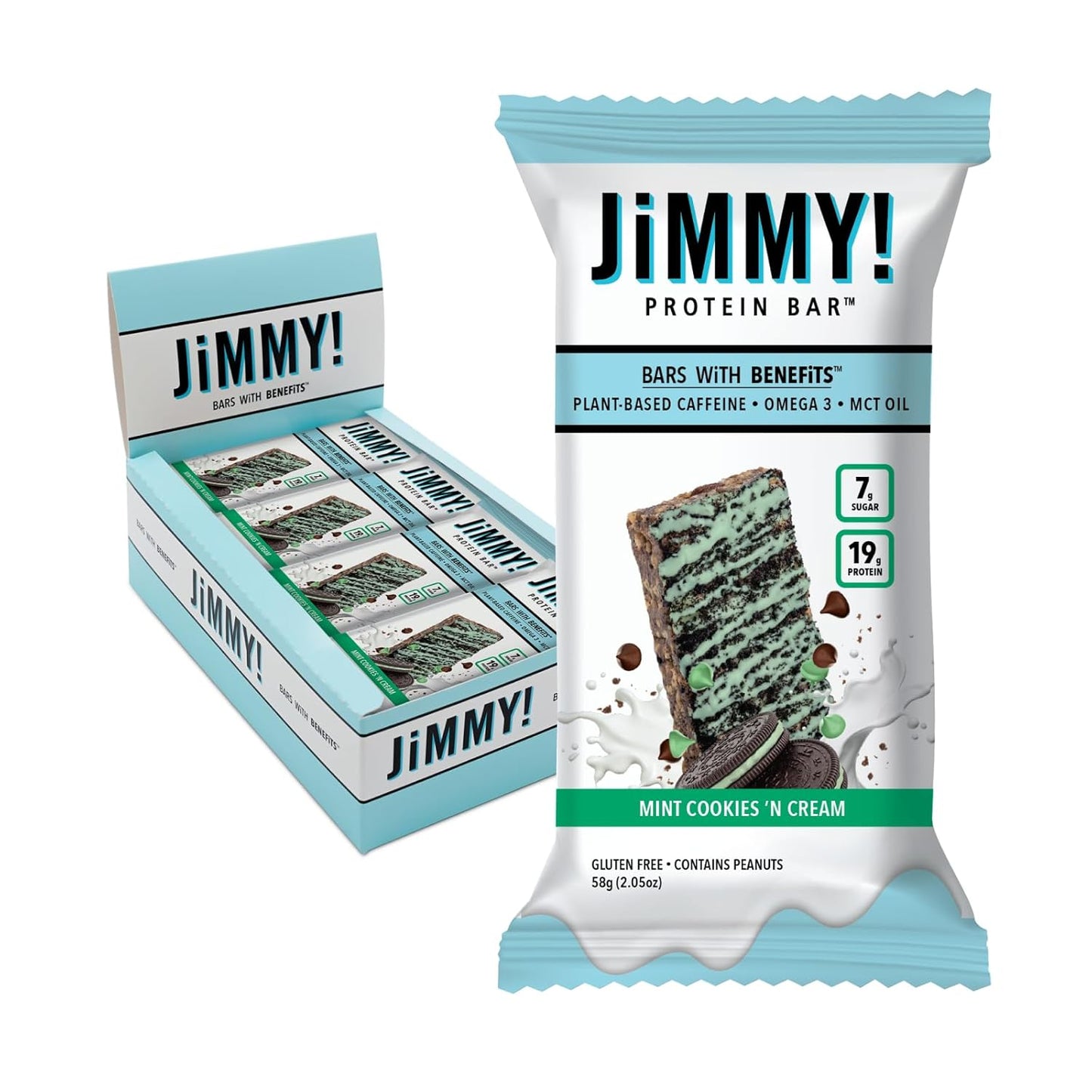 JiMMYBAR! Mint Cookies N Cream - 19g Protein Bars - 7g Low Sugar- 12 Count - 58g Health Bars - Functional Snack with Real Peanut Butter & Hand-Drizzled Chocolate Protein Bar