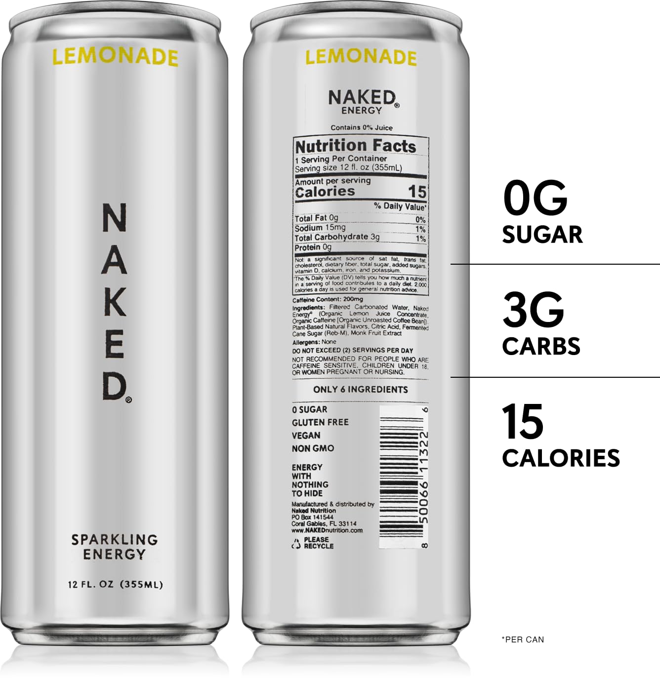 Naked Sparkling Energy Drink - Lemonade, Organic Caffeine, Organic Lemon Juice, Zero Sugar, No Sucralose, Naturally Sweetened, Natural Energy Drinks, Vegan, Gluten-Free, Non-GMO - 12oz Cans (Pack of 12)