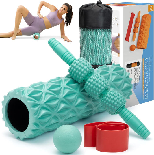 5 in1 Foam Roller Set, Trigger Point Foam Roller, Massage Roller Stick, Massage Ball, Resistance Band for Deep Muscle Massage Pilates Yoga,Fitness Exercise for Whole Body (Pure Turquoise)