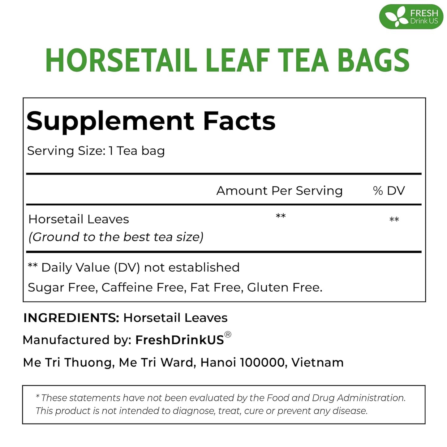 FreshDrinkUS, Premium 75 Horsetail Leaf Tea Bags, 100% Natural & Pure from Horsetail Loose Leaves Herbal Tea. Made with Natural Material Tea Bags. No Sugar, No Caffeine, No Gluten, Vegan.