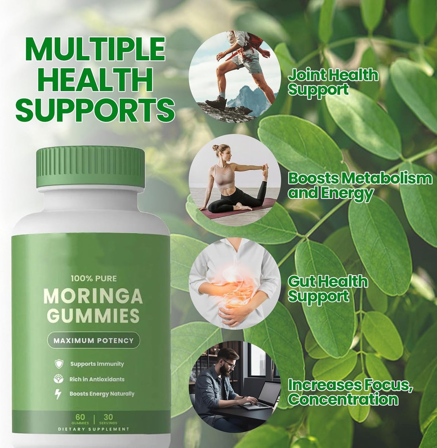 Moringa Gummies with Moringa Powder, Moringa Leaf Supplement for Women and Men, Energy, Immune Support, from Moringa Leaf Powder, 60 Capsules (1)
