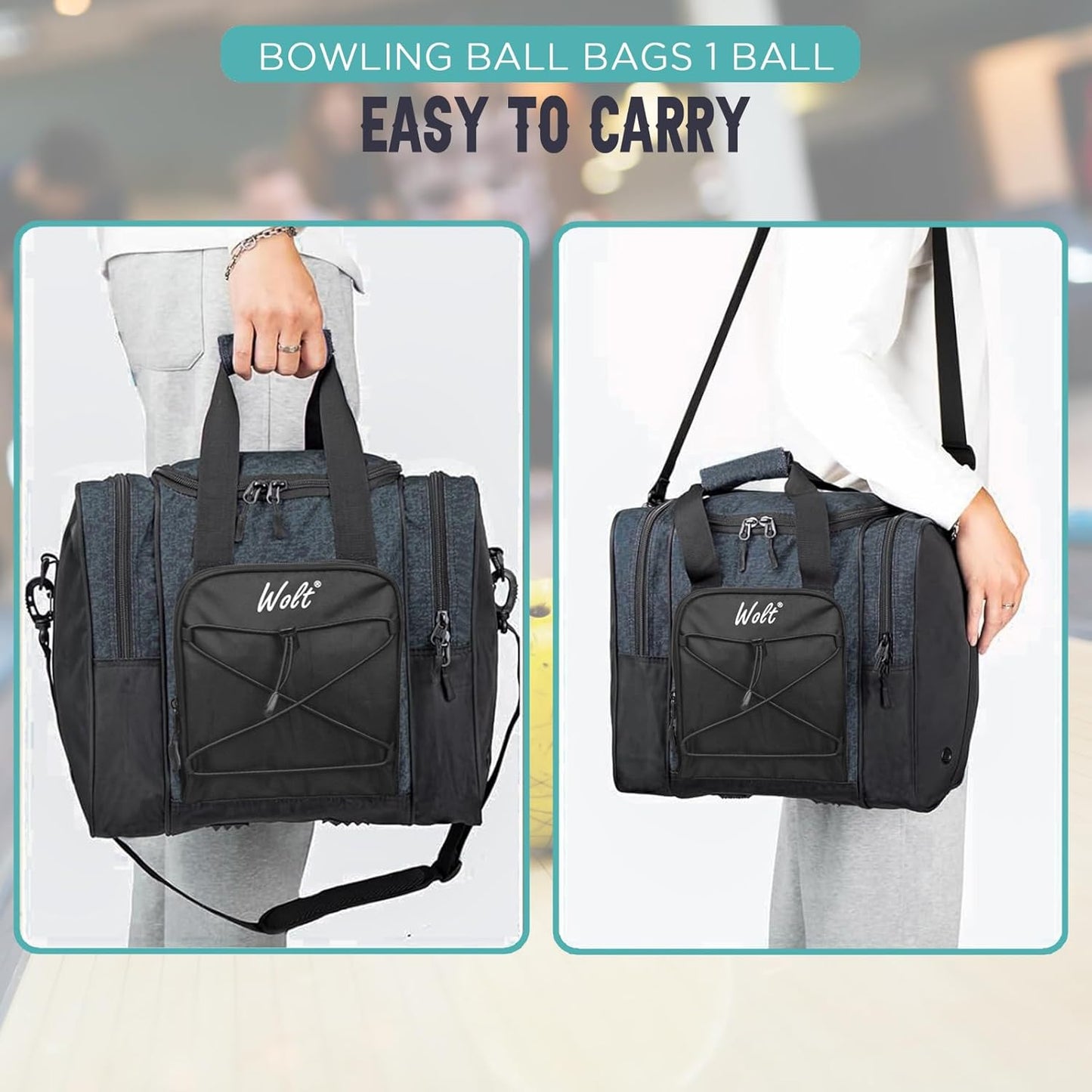 WOLT Bowling Ball Bag for Single Ball - Bowling Ball Tote Bag with Padded Ball Holder, 2 Pockets fit Bowling Shoes Up to Mens Size 14 and Accessories