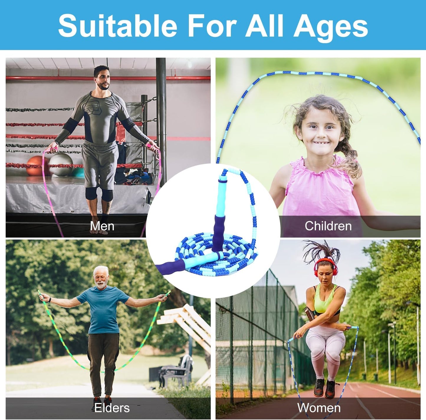 GRAWUN Jump Rope For Kids, Soft Beaded Jump Rope, Adjustable Length Tangle-Free Segmented Soft Beaded Skipping Rope，for Women, Men and Kids Keeping Fit, Workout and Weight Loss