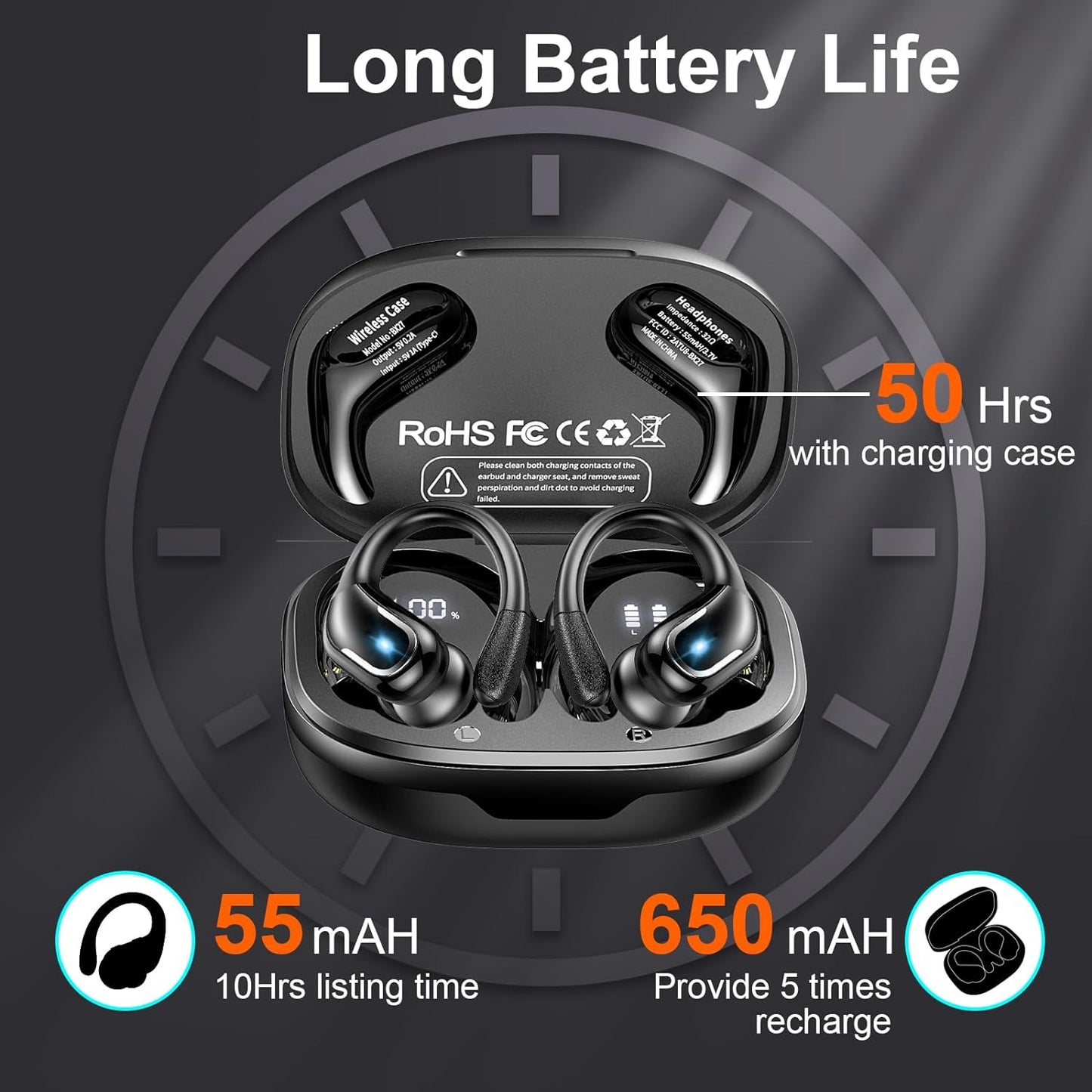 Ltinist Wireless Earbud, Bluetooth 5.3 Headphones Pure Bass Sound with Earhooks, 75H Battery Over Ear Headphones with Dual-LED Display, IP7 Waterproof Earphones Built-in Microphone for Running Sports