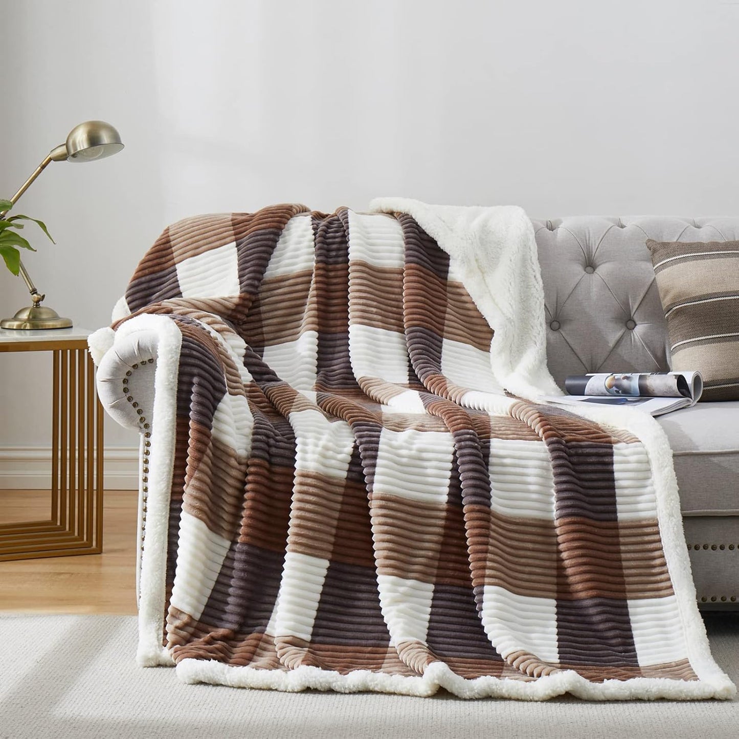 PU MEI Sherpa Blanket Twin Plaid Thick Bed Blanket, 60”*80” Super Soft Flannel Fuzzy Fleece Reversible Velvet Plush Warm Blanket for Couch (Beige Check, 60"*80")