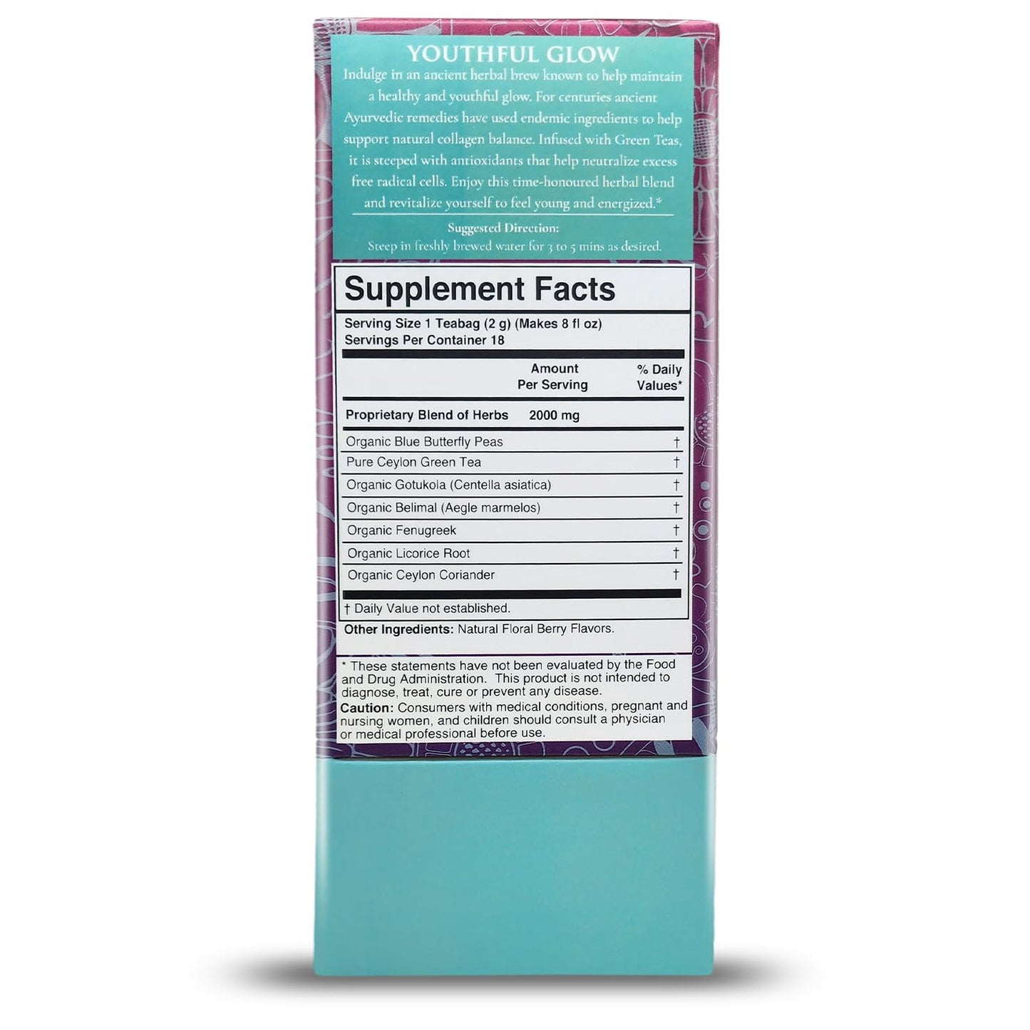 Térapy Ceylon Youthful Glow Herbal Tea Bags | Helps Maintain Healthy Skin and Hair | 100% Natural Blue Butterfly Peas, Licorice Root, Green Tea & More | Individually Wrapped Organic Tea Bags |18 Count