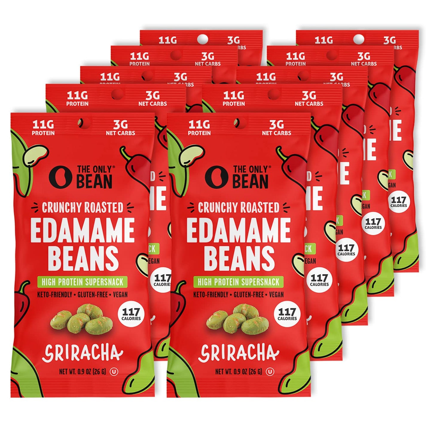 The Only Bean Crunchy Roasted Edamame Snacks Pack (Sriracha), Protein Keto Food, Gluten Free, Asian Japanese Snacks, Hot Spicy Snack, 0.9oz 10 Pack