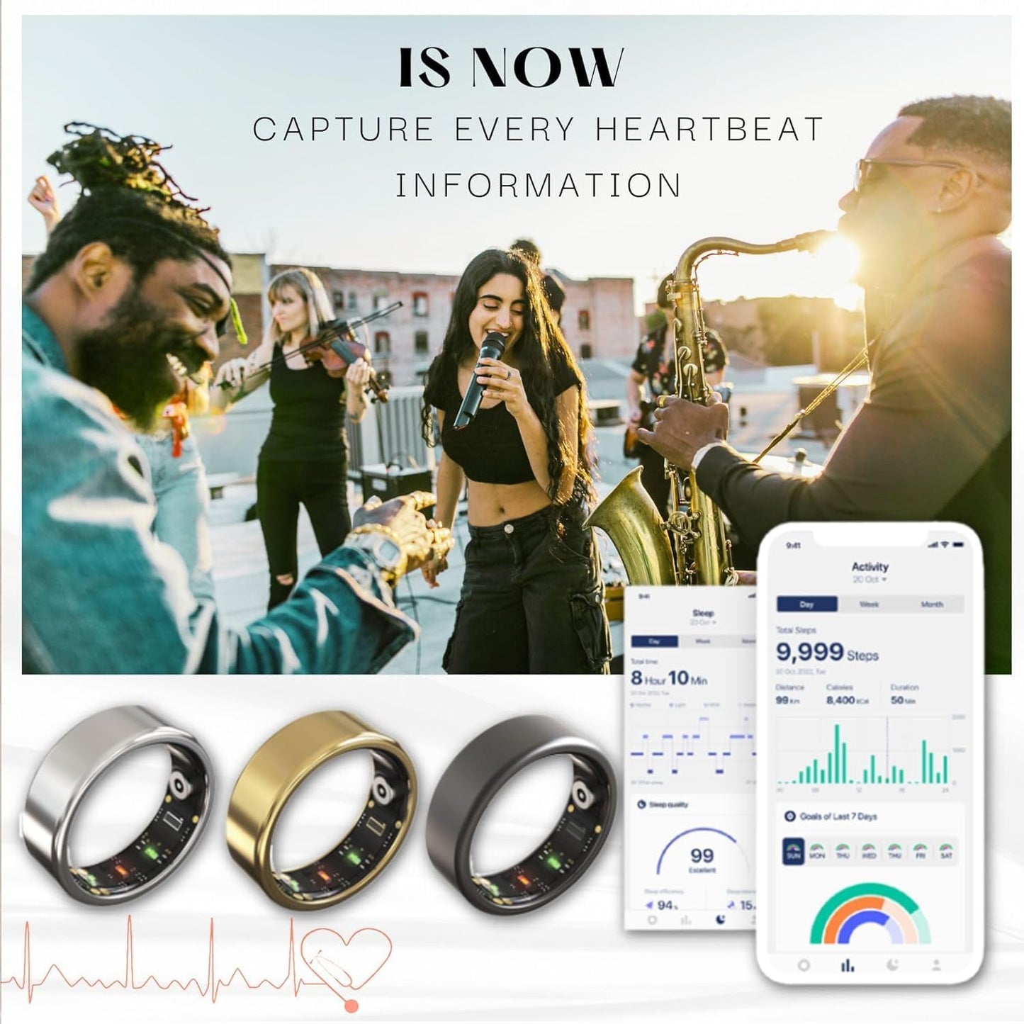 Smart Ring for Women&Men, Activity/Sleep/Fitness/Heart Rate/HRV/Stress/Women's Health Tracker-IP68 Waterproof for iPhone and Android, No Subscription Fee Required (Gold, #7-54.4mm/2.14")