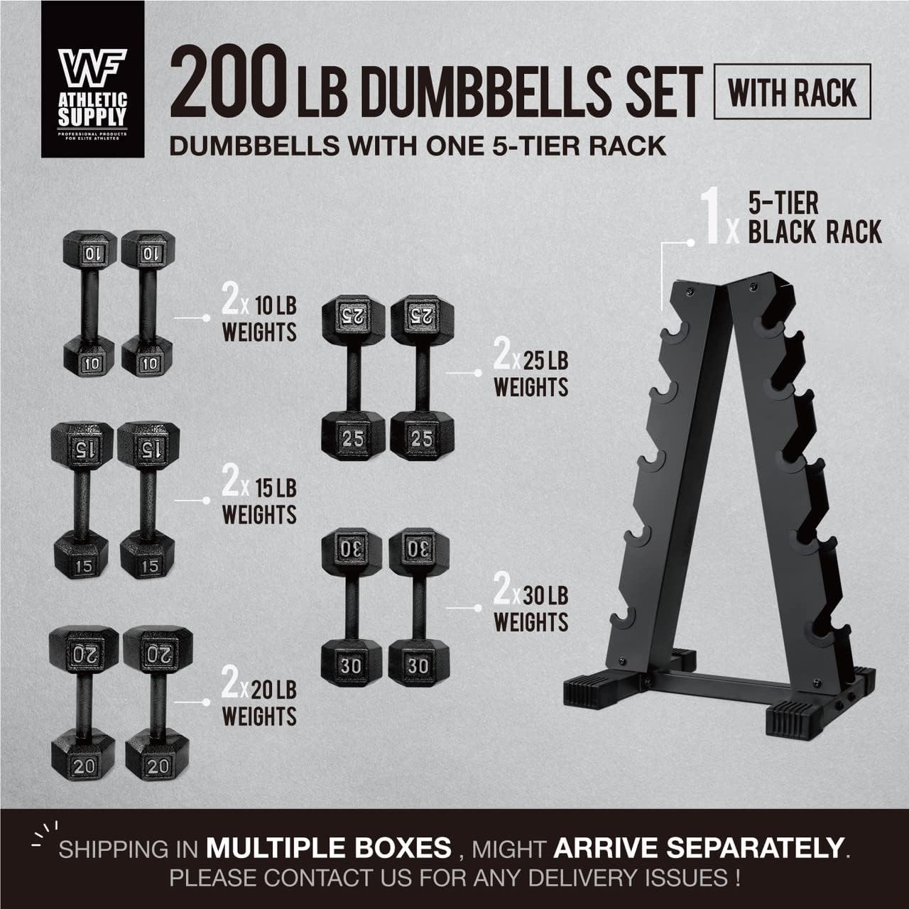 WF Athletic Supply 200Lb Dumbbell Set, 10-30Lb Dumbbell Set with A Frame Storage Rack for Muscle Toning, Strength Building & Weight Loss - Multiple Choices Available