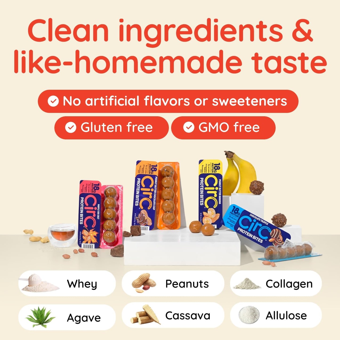 CirC Protein Bites - 8 Count Variety Mix High Energy Balls - 18g of protein 4g of Collagen, 5g of net carb, Whey & Peanuts - Portable Healthy Snacks in 5-Piece Resealable Packs