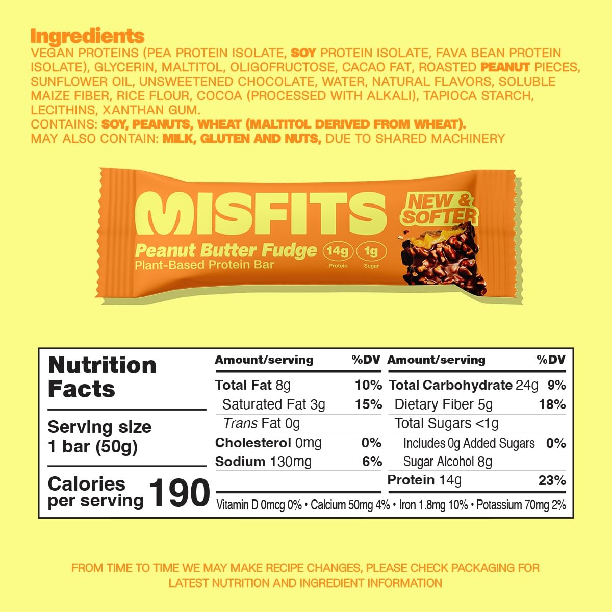 Misfits Vegan Protein Bars, Peanut Butter Fudge - Updated Recipe | Plant Based, Low Sugar & Carb, High Fiber Snacks | Pack of 15