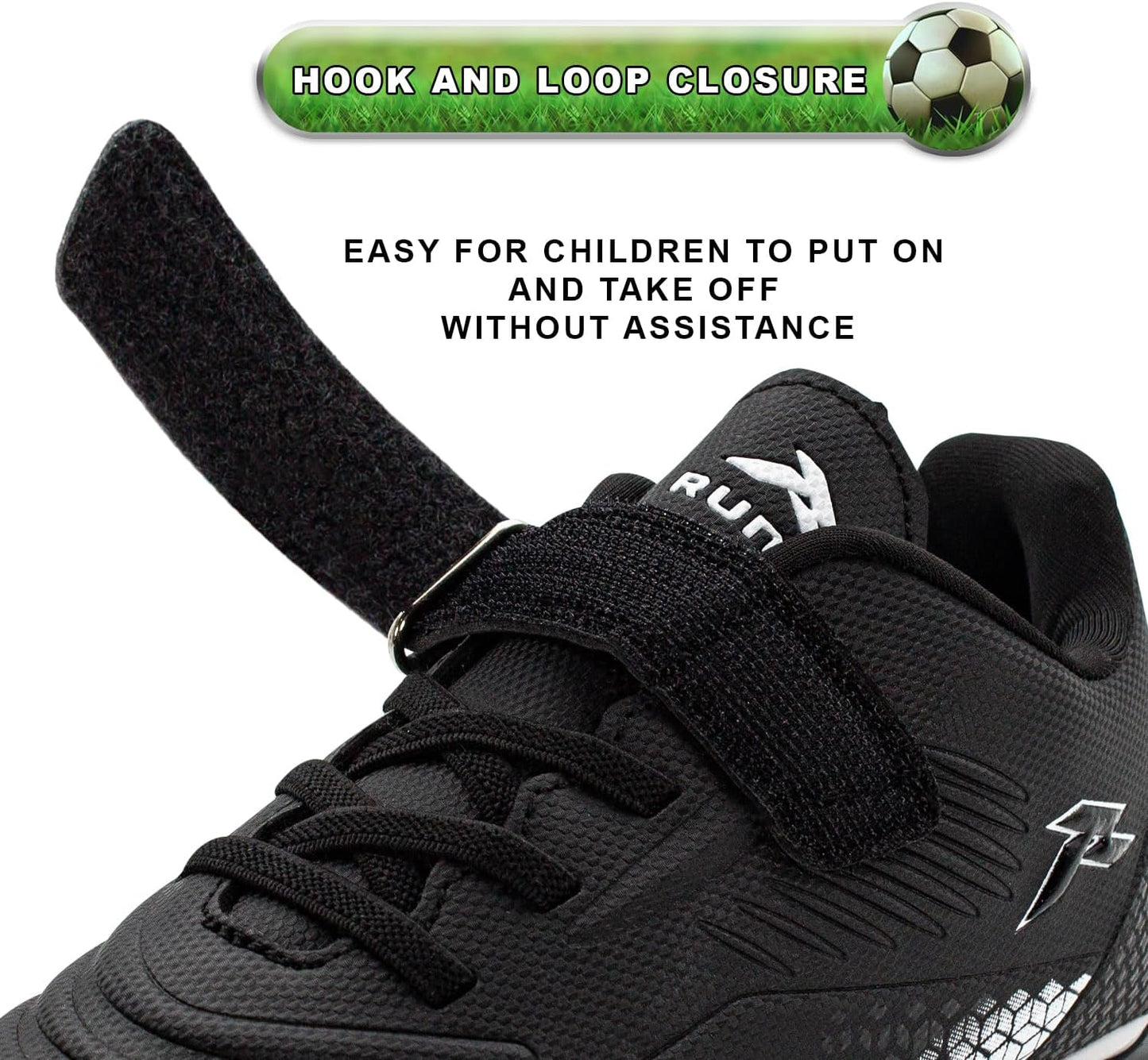 RUNIC Kids Soccer Cleats for Boys and Girls - Small and Big Kid Athletic Outdoor Football Shoes - Firm Ground - Hook and Loop Closure - Black/Gold