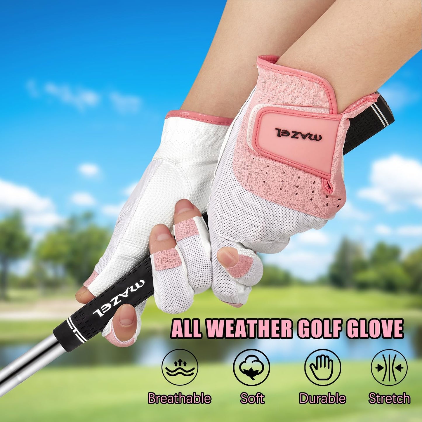MAZEL Women's Fingerless Golf Gloves One Pair Open-Finger Design,Breathable Hot Wet Weather Sweat-Absorbing,Fit Size S M L XL