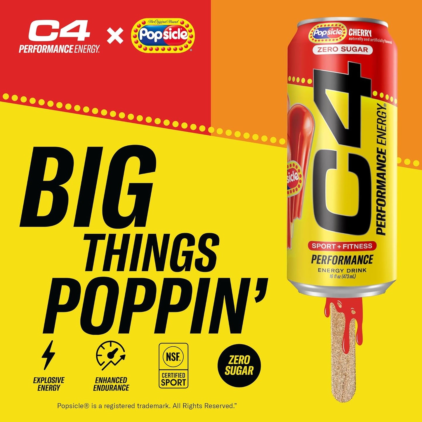 C4 Energy Drink x Popsicle Variety Pack, Carbonated Sugar Free Pre Workout Performance Drink with no Artificial Colors or Dyes, 3 Flavors - Grape, Hawaiian Pineapple, and Cherry, 16 Oz, Pack of 12