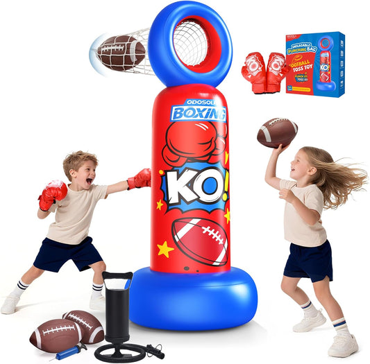 Inflatable Punching Bag for Kids, 2-in-1 Freestanding Boxing Bag with Football Toss Game, 68.8'' Heavy Duty Karate Taekwondo Toy for Boys Girls Ages 3-12, Birthday Ideas