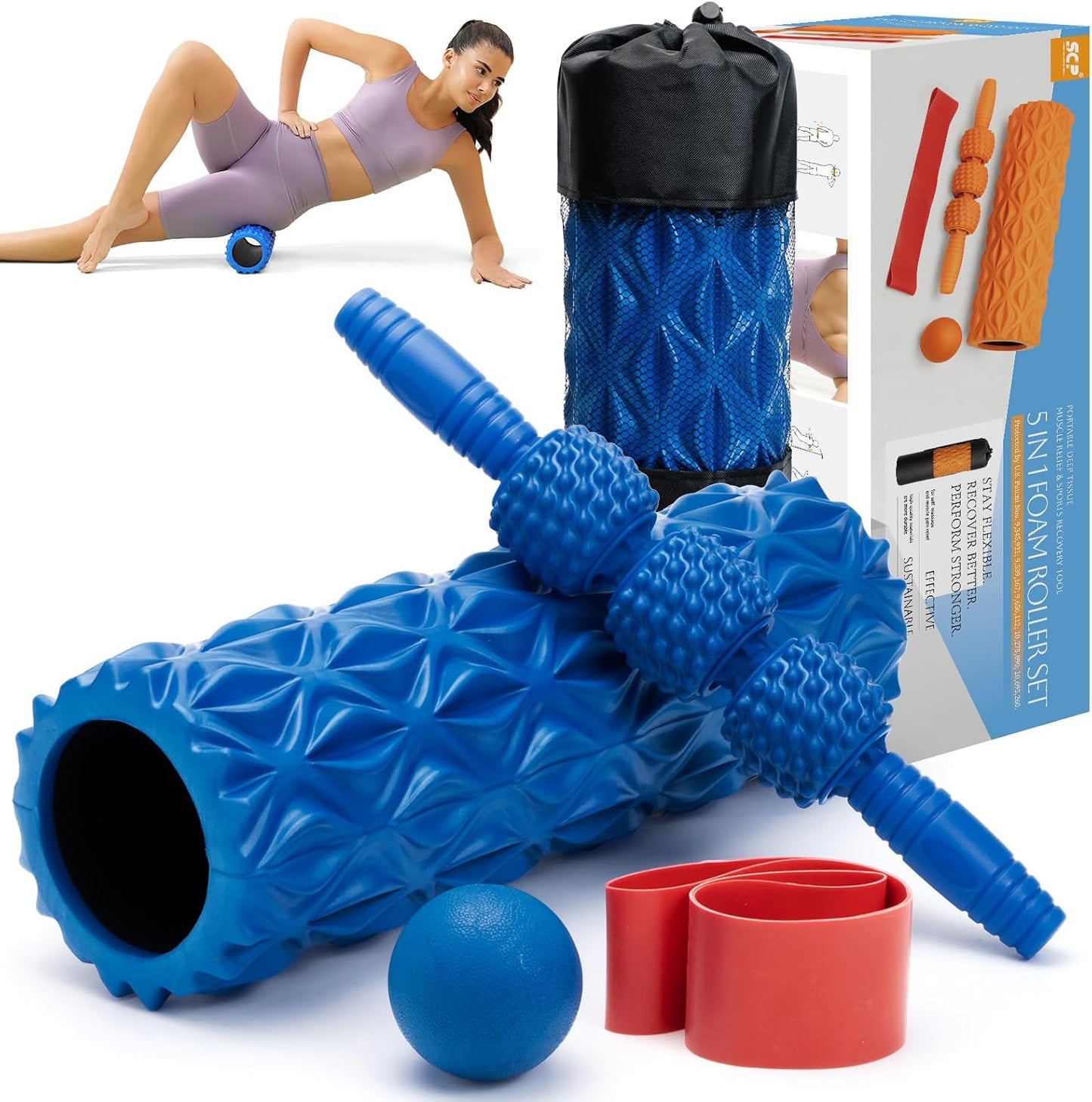 5 in1 Foam Roller Set, Trigger Point Foam Roller, Massage Roller Stick, Massage Ball, Resistance Band for Deep Muscle Massage Pilates Yoga,Fitness Exercise for Whole Body (Pure Blue)