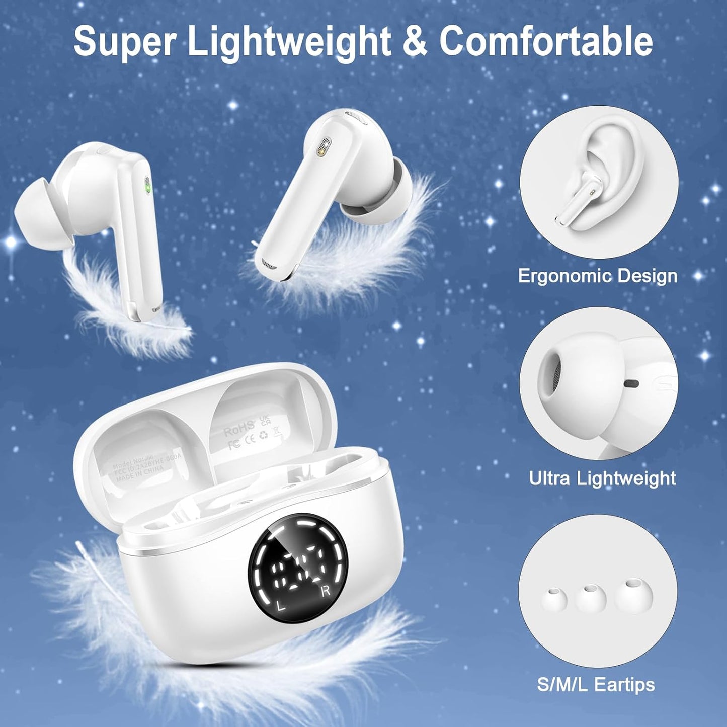 Bluetooth 5.4 Headphones, 2025 Wireless Earbuds 3D Hi-Fi Stereo Bass Ear Buds, 4 ENC Noise Cancelling Mic, 3g USB-C in-Ear Earphone Sport, IP-X7 Waterproof Workout Gym for Android iOS Laptop Pad