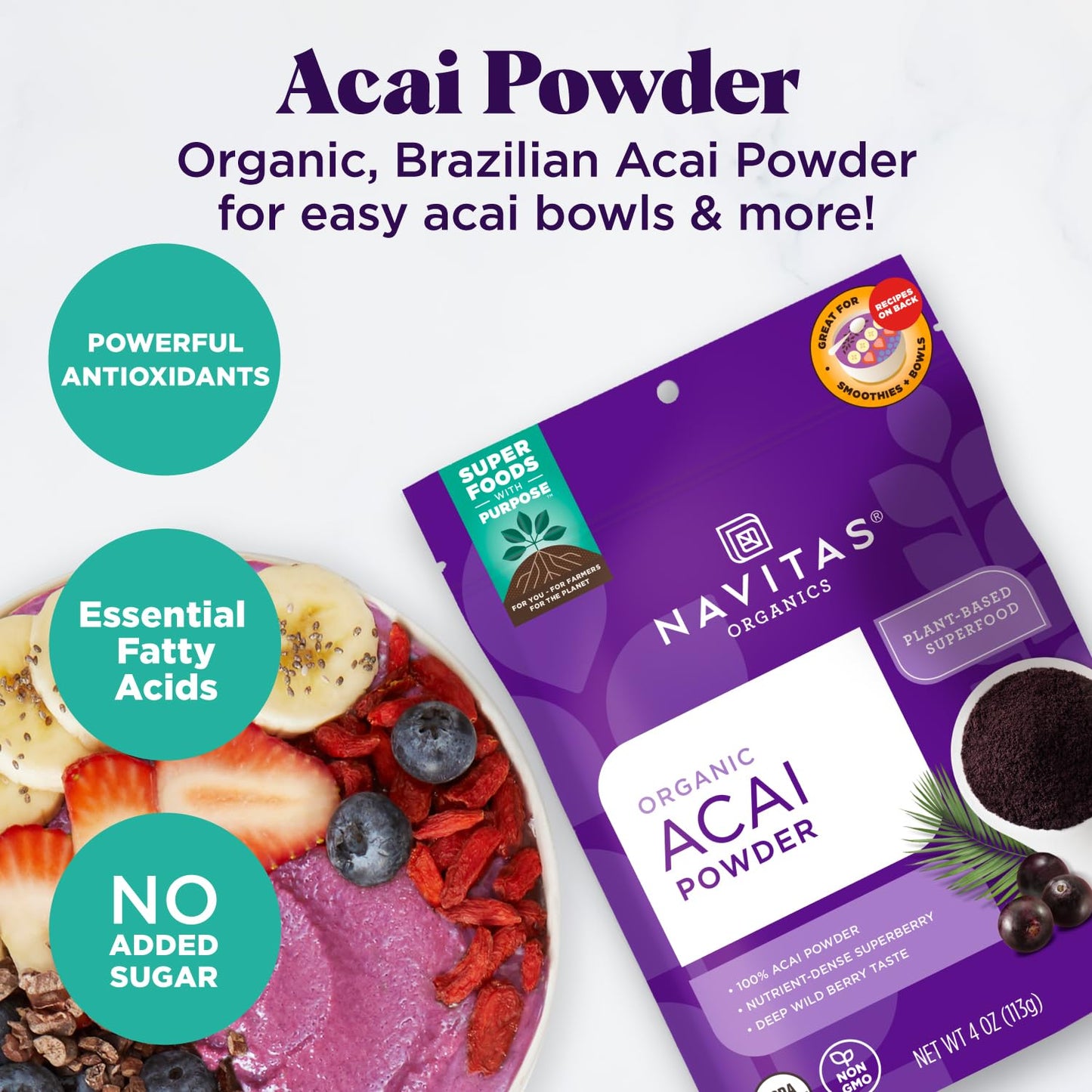 Navitas Organics Acai Powder – for Smoothie Bowls, Oatmeal, Dips, Sauces & More – Antioxidants, Omega 3 6 9, Fiber - USDA Organic, Non GMO, Kosher, Gluten Free, Keto (8oz. Bag, 76 Servings)