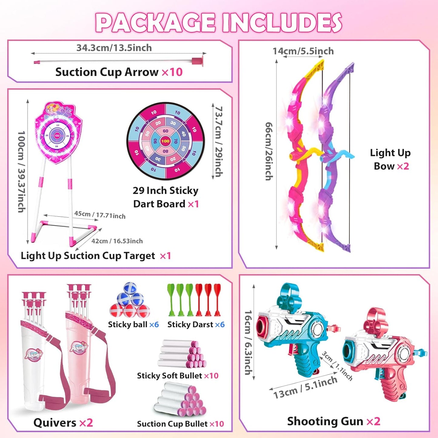 VATOS 2 Pack Bow and Arrow Toy with LED Light - 4 in 1 Archery & Dart Game Set with 20 Suction Cup Arrows, Mermaid Glow Target & Dart Board - Indoor/Outdoor Birthday Gift for Kids Boys Girls Ages 5-12