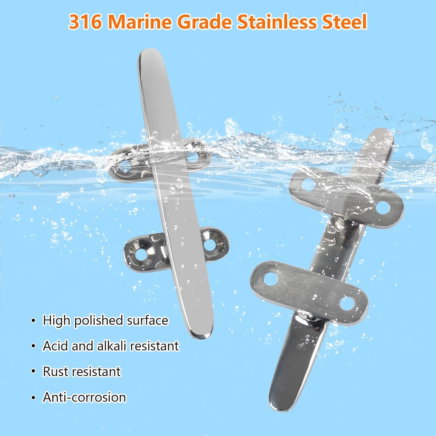 ORLANG 316 Stainless Steel Boat Cleats 5 Inch/6 Inch/8 Inch (3 Size), Open Base Dock Cleats with Fasteners, Boat Dock Cleat Rope Cleat for Boat Docks, Decks or Nautical Decor (4 Pack)