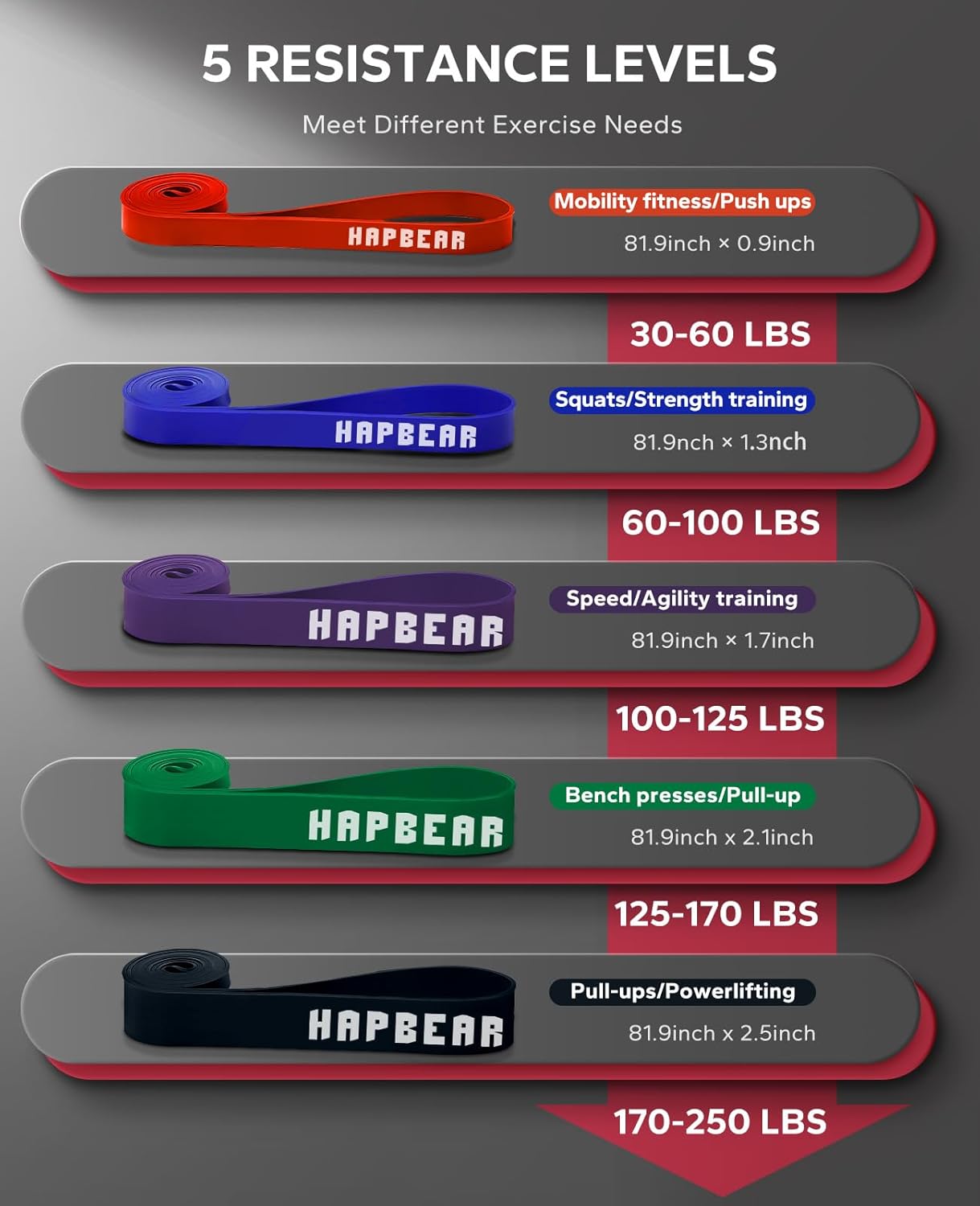 HAPBEAR Pull Up Assistance Bands Set of 5 - Resistance Bands for Working Out, Stretching, Physical Therapy, Muscle Training