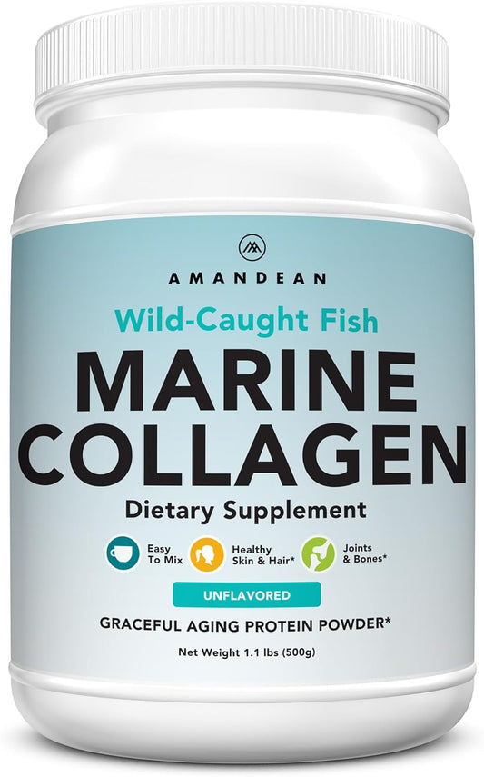 AMANDEAN Marine Collagen Peptides Powder. 500g Wild-Caught Hydrolyzed Fish Collagen Supplement. Type 1 & 3 Collagen Protein. 18 Amino Acids for Skin, Hair, Nails.