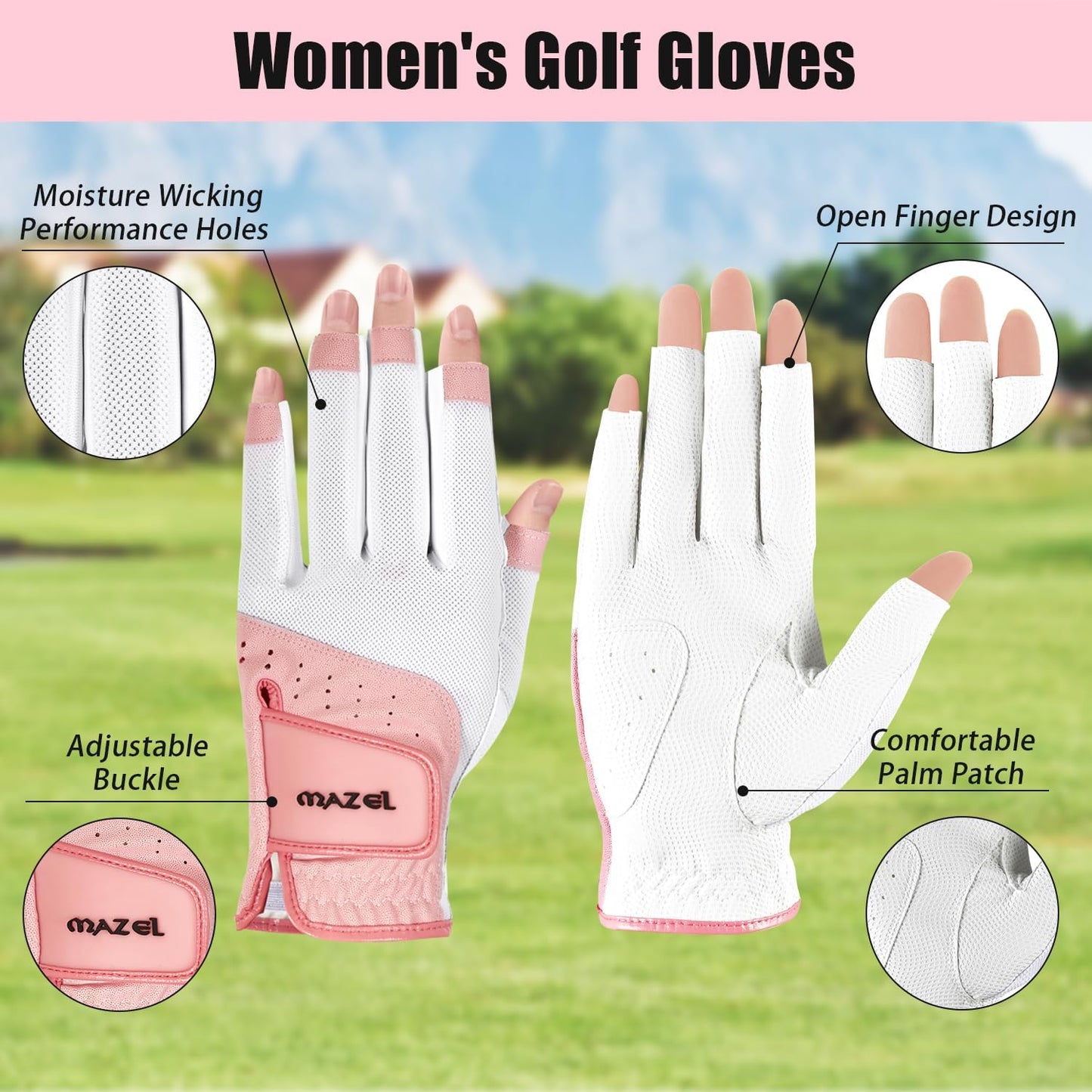 MAZEL Women's Fingerless Golf Gloves One Pair Open-Finger Design,Breathable Hot Wet Weather Sweat-Absorbing,Fit Size S M L XL