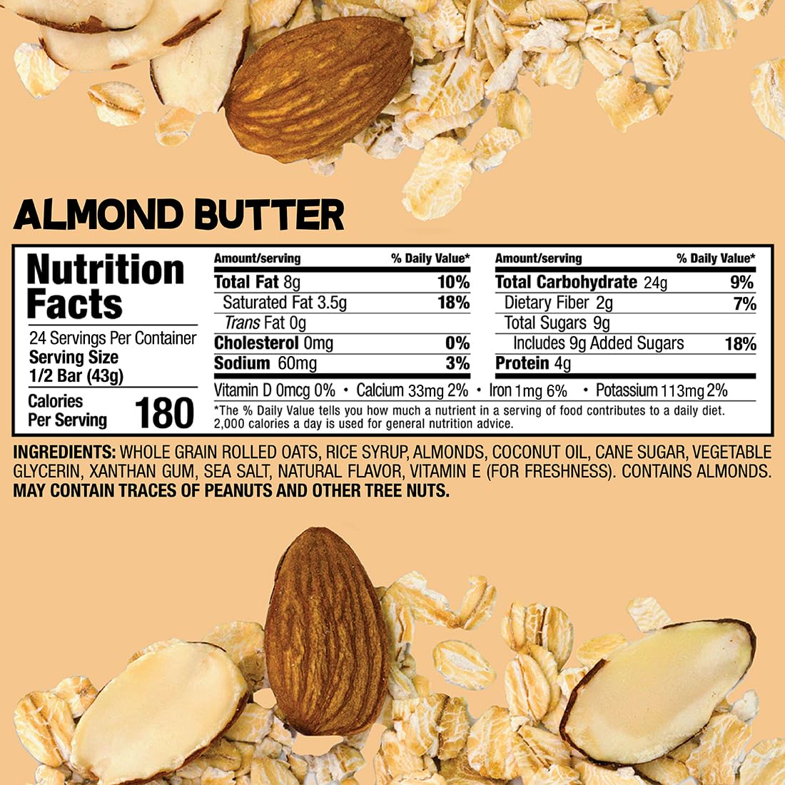 Bobo's Oatmeal Bars, Almond Butter, Gluten Free Vegan Whole Grain Oat Bars, Pack of 12