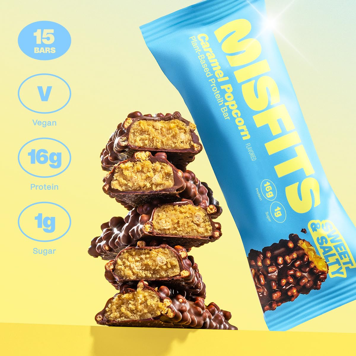 Misfits Vegan Protein (15 g) Bars, Sweet & Salty Caramel Popcorn | Plant Based, Gluten Free, Low Sugar & Carb Snacks with 4 g Fiber | Pack of 15
