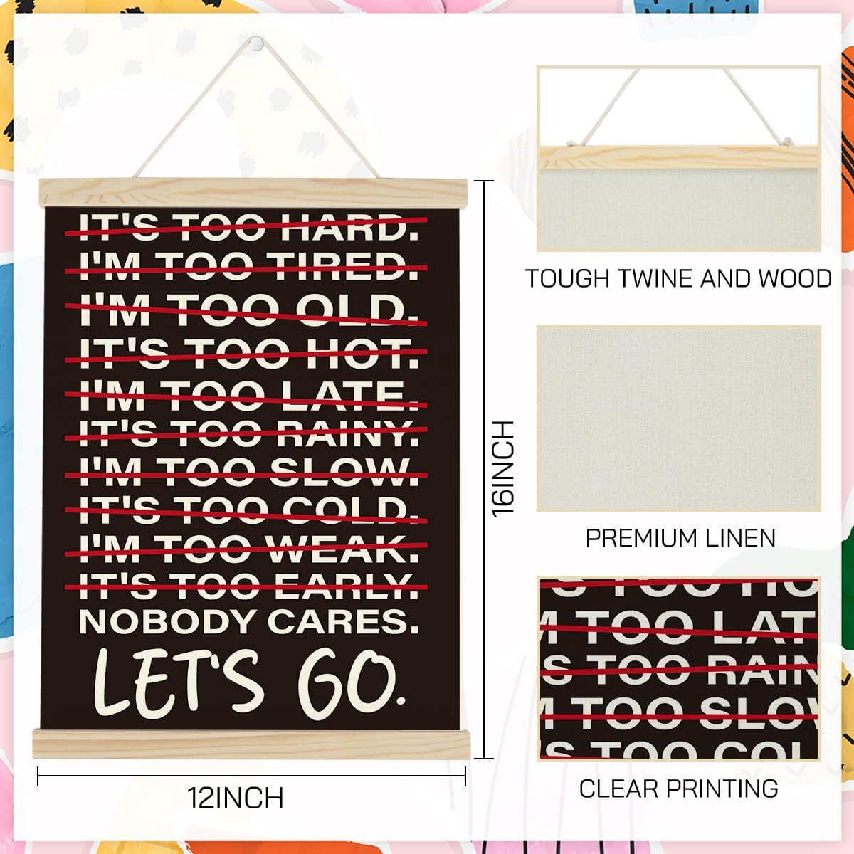 Gym Motivational Posters College Dorm Posters Gifts for Guys Friends Nobody Cares Lets Go Gym Flag Wall Art Decor Sign for Home Gym Bedroom Office