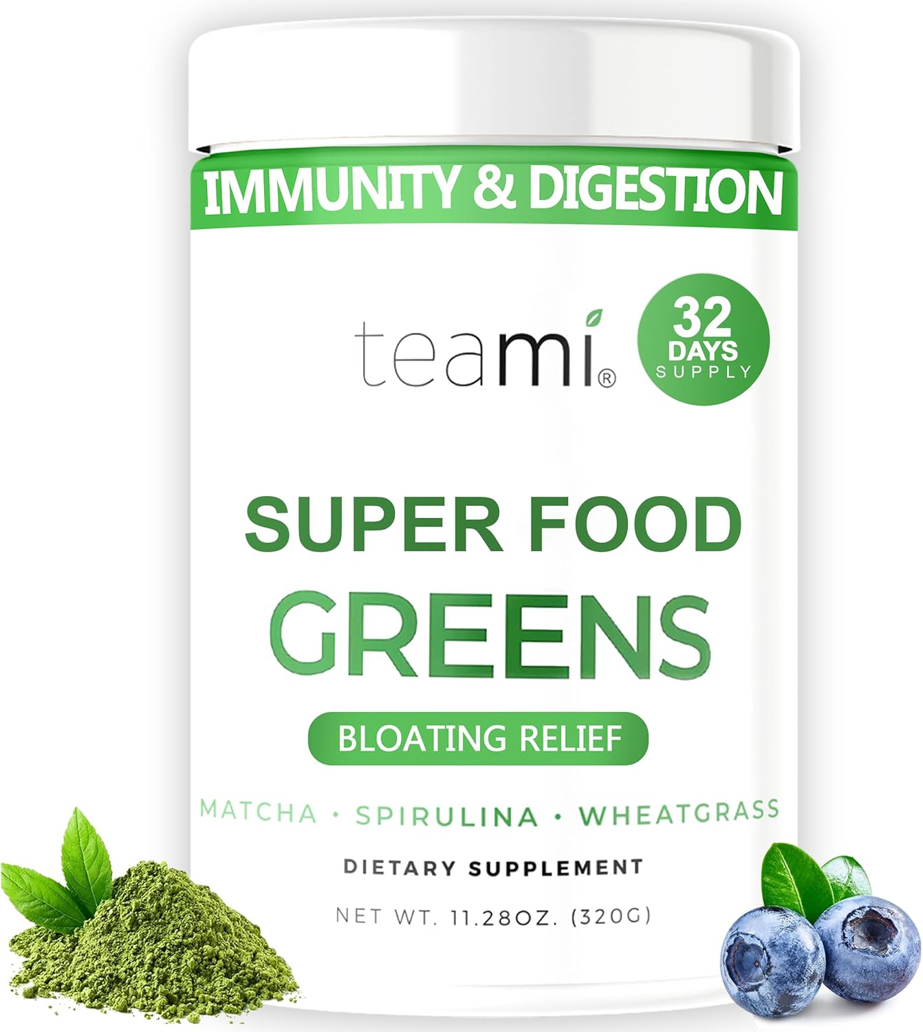 Teami Organic Super Greens Powder for Immunity & Digestion, Non-GMO Greens Superfood Powder to Support Energy, 16 superfood Ingredients, Sugar-Free Veggie Powder for Juice & Smoothie, 32 Servings
