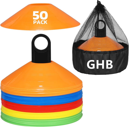GHB Soccer Cones 25/50/100 Pack Disc Soccer Sport Cones Training Field Marker Agility Cones for Traffic, Basketball, Coaching, Practice Equipment Includes Cone Drills Guide