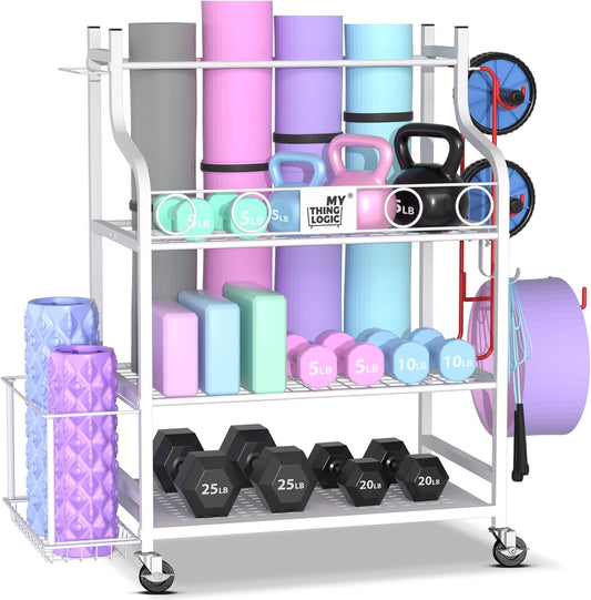 Mythinglogic Yoga Mat Storage Racks,Home Gym Storage Rack for Dumbbells Kettlebells Foam Roller, Yoga Strap and Resistance Bands, Workout Equipment Storage Organizer With Hooks and Wheels